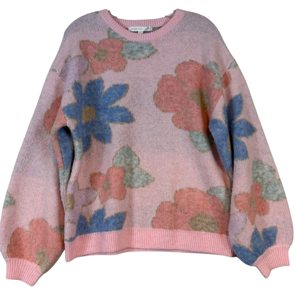 Altar'd State Pink Floral Oversized Knit Cottagecore Sweater •S• Boho Soft Girl